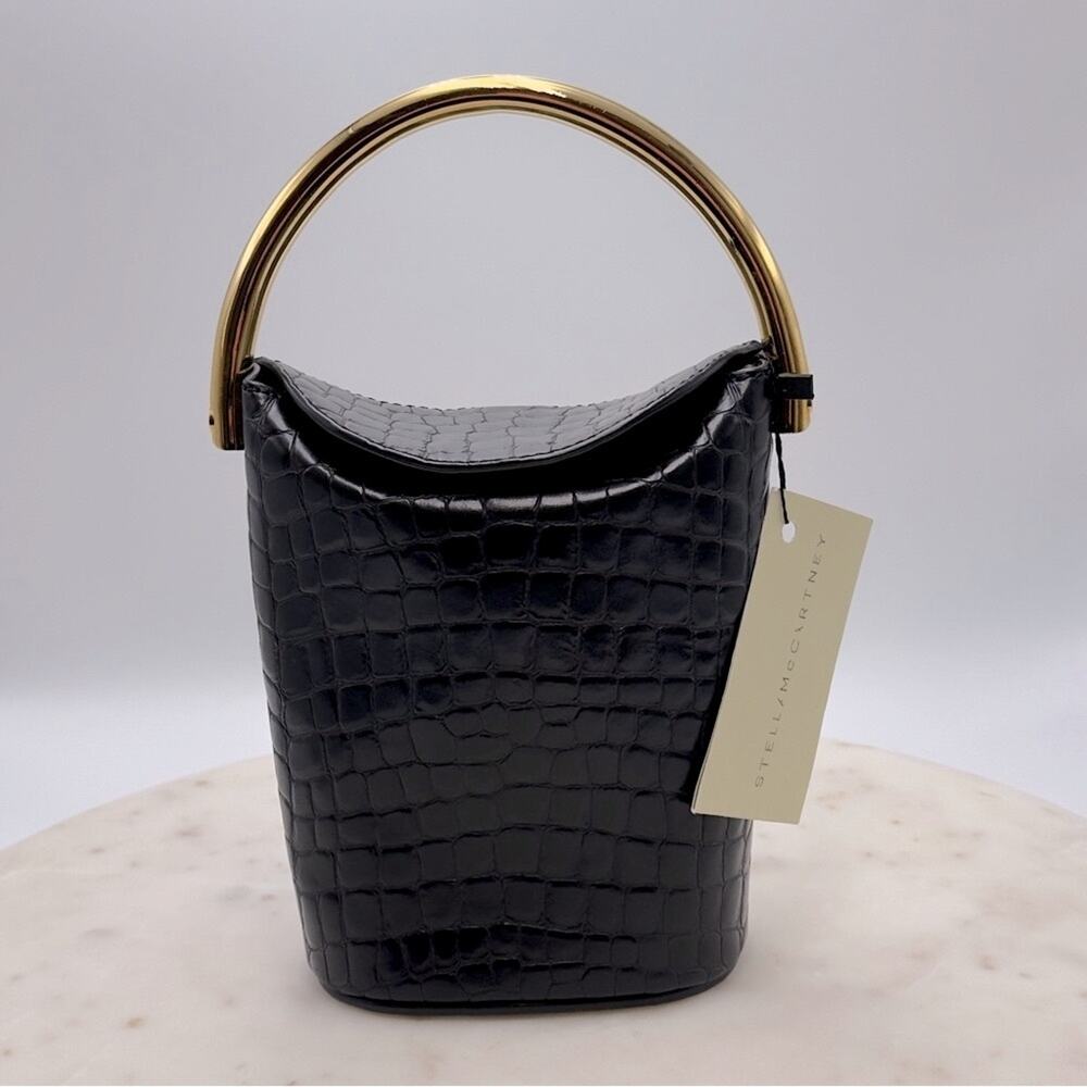 New Stella McCartney Black Croc Embossed Bucket Bag Gold Handle W/ Dust Bag - Picture 3 of 15